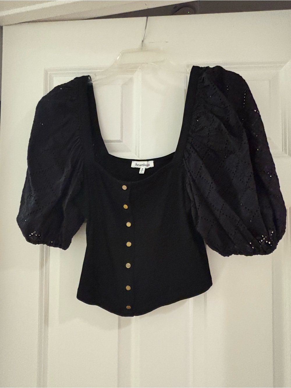 Heartloom Black Puff-Sleeve Eyelet Button Front Top